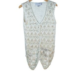 Jon Christy Cream Crochet Flower Vest Long Open Knit Boho Festival Size L